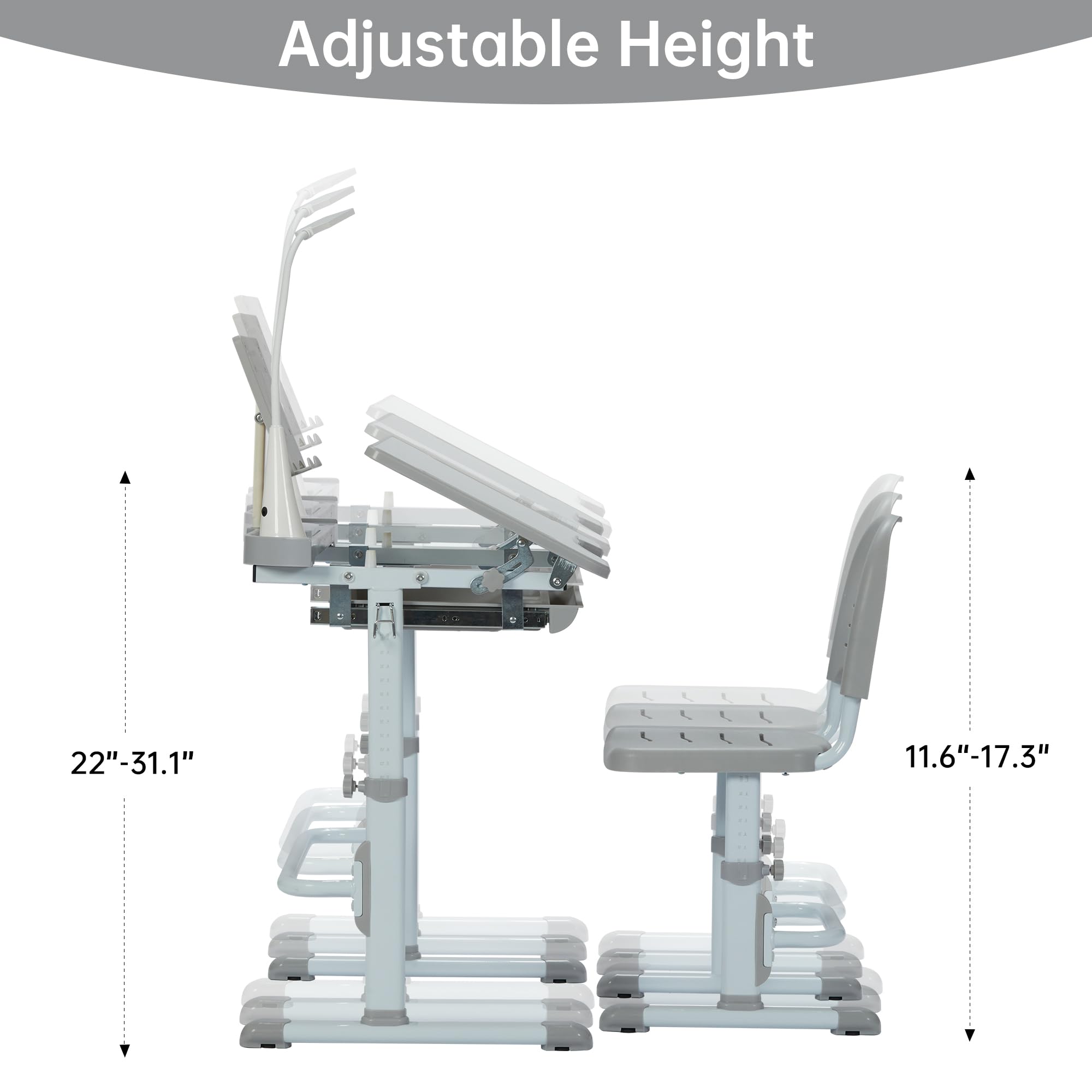 Kids Desk and Chair Set with Tilt Desktop & LED Light, Blue - Task & Tether