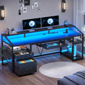 63" Computer Desk with Lockable Drawers, LED Lights & Power Outlet - Black - Task & Tether