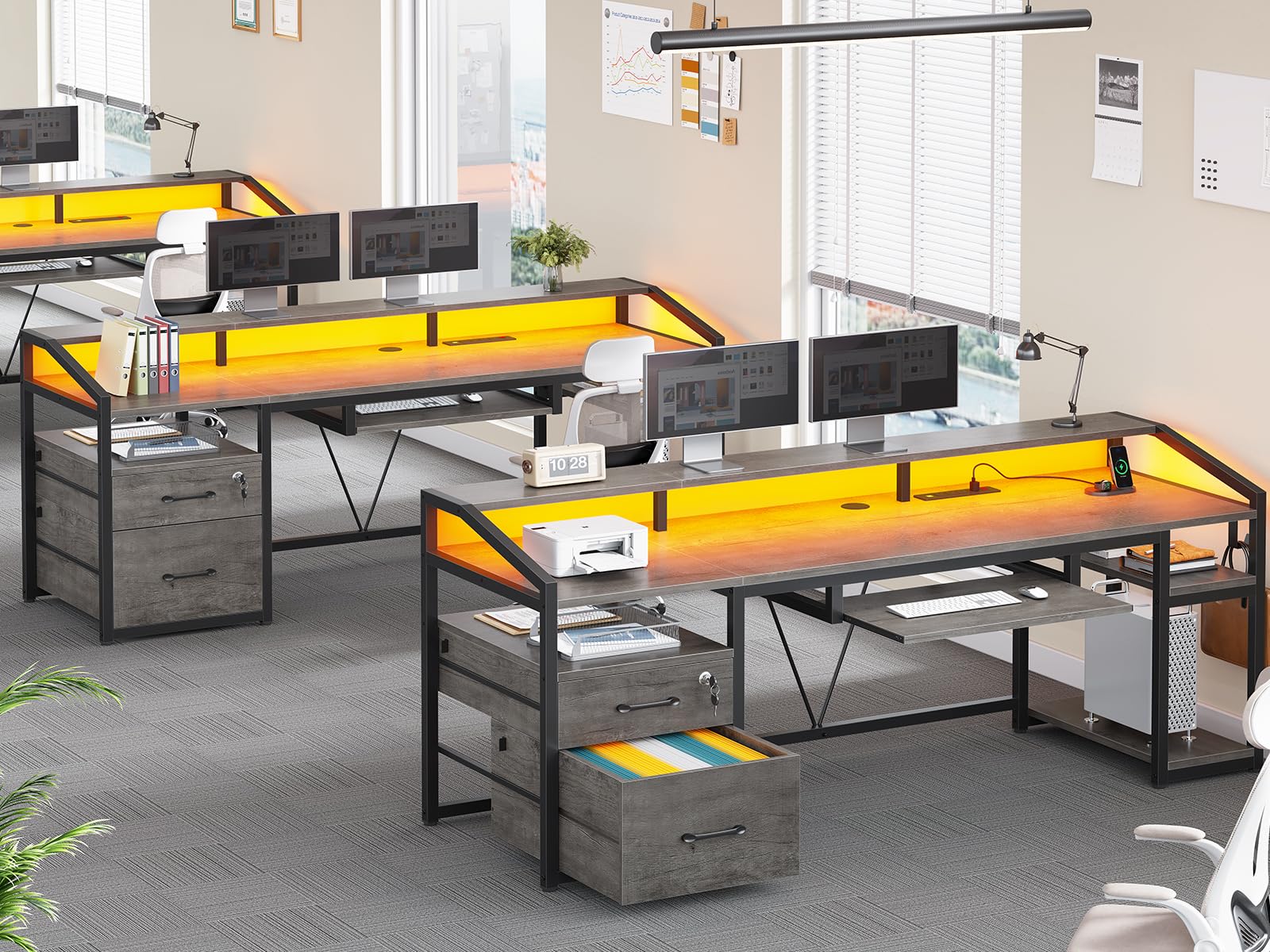 63" Computer Desk with Lockable Drawers, LED Lights & Power Outlet - Black - Task & Tether