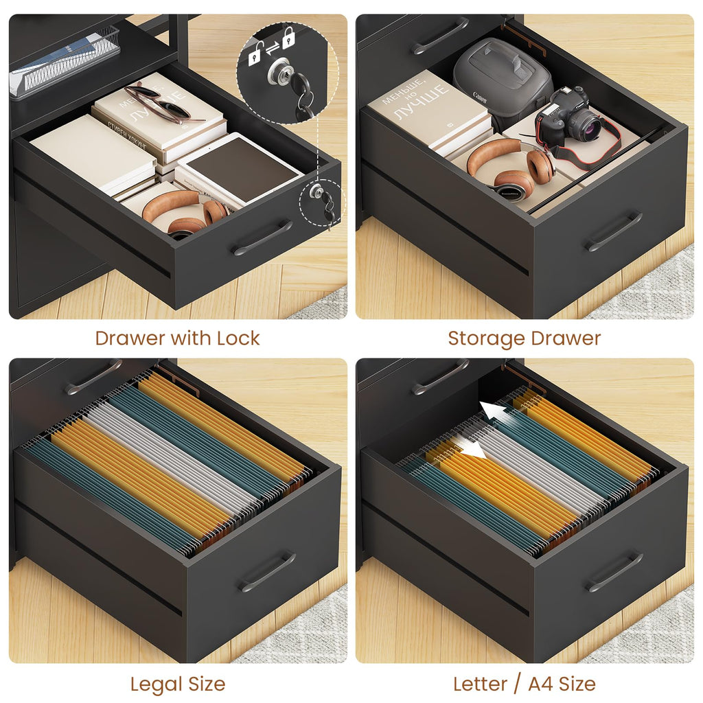 63" Computer Desk with Lockable Drawers, LED Lights & Power Outlet - Black - Task & Tether