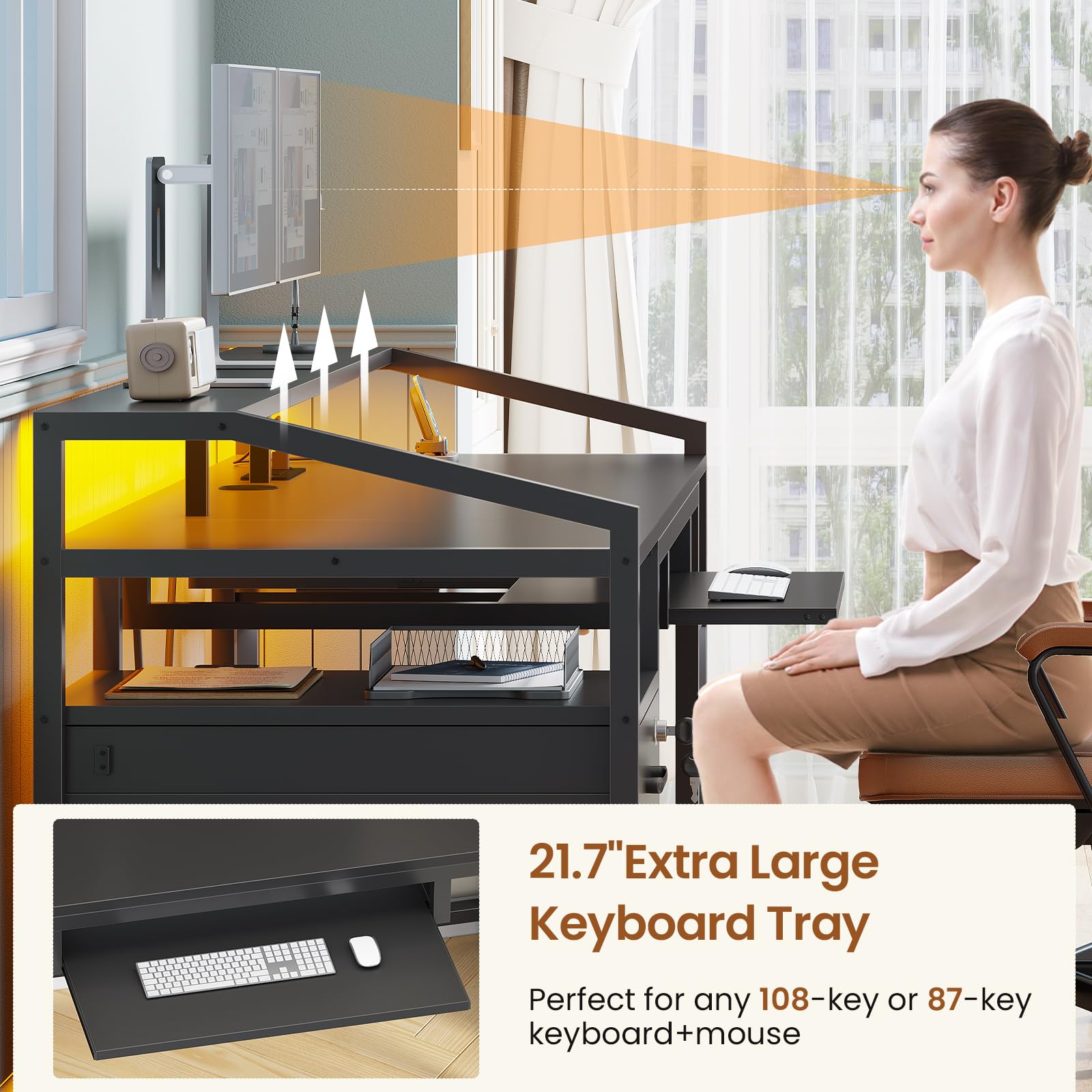 63" Computer Desk with Lockable Drawers, LED Lights & Power Outlet - Black - Task & Tether