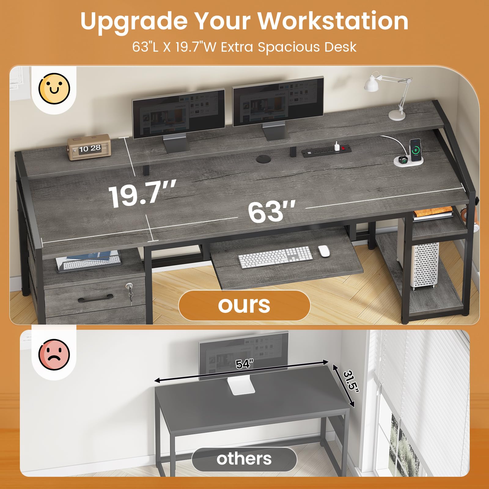 63" Computer Desk with Lockable Drawers, LED Lights & Power Outlet - Black - Task & Tether