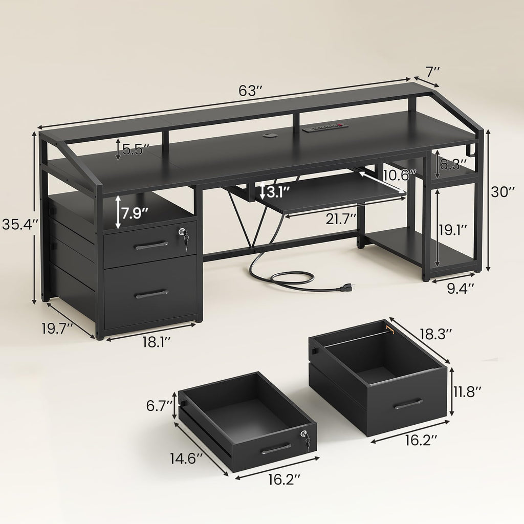 63" Computer Desk with Lockable Drawers, LED Lights & Power Outlet - Black - Task & Tether