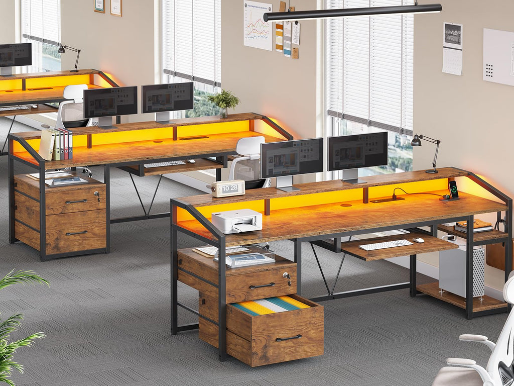 63" Computer Desk with Lockable Drawers, LED Lights & Power Outlet - Black - Task & Tether