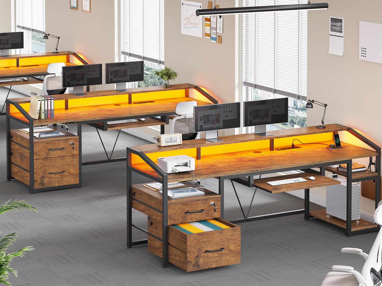 63" Computer Desk with Lockable Drawers, LED Lights & Power Outlet - Black - Task & Tether