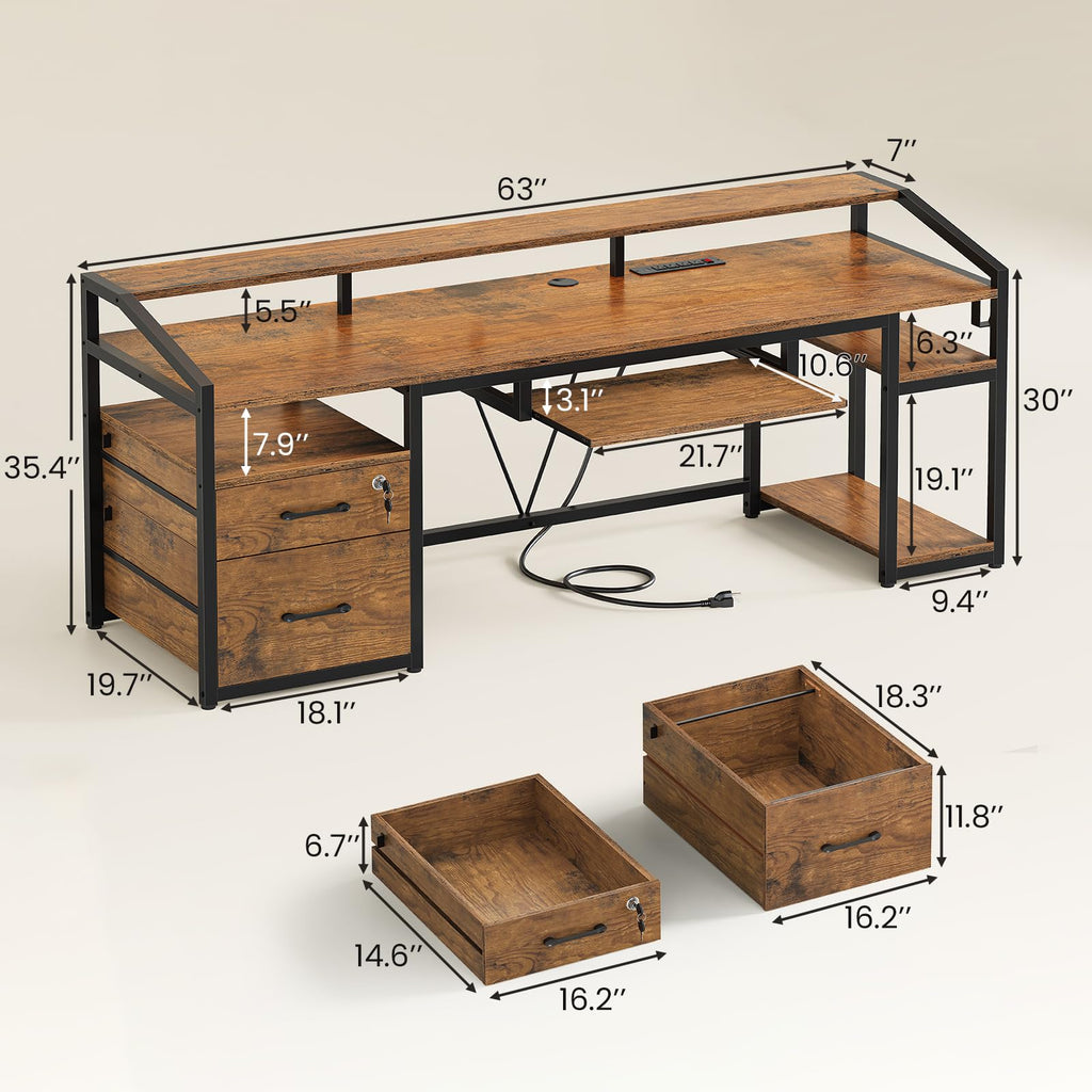 63" Computer Desk with Lockable Drawers, LED Lights & Power Outlet - Black - Task & Tether