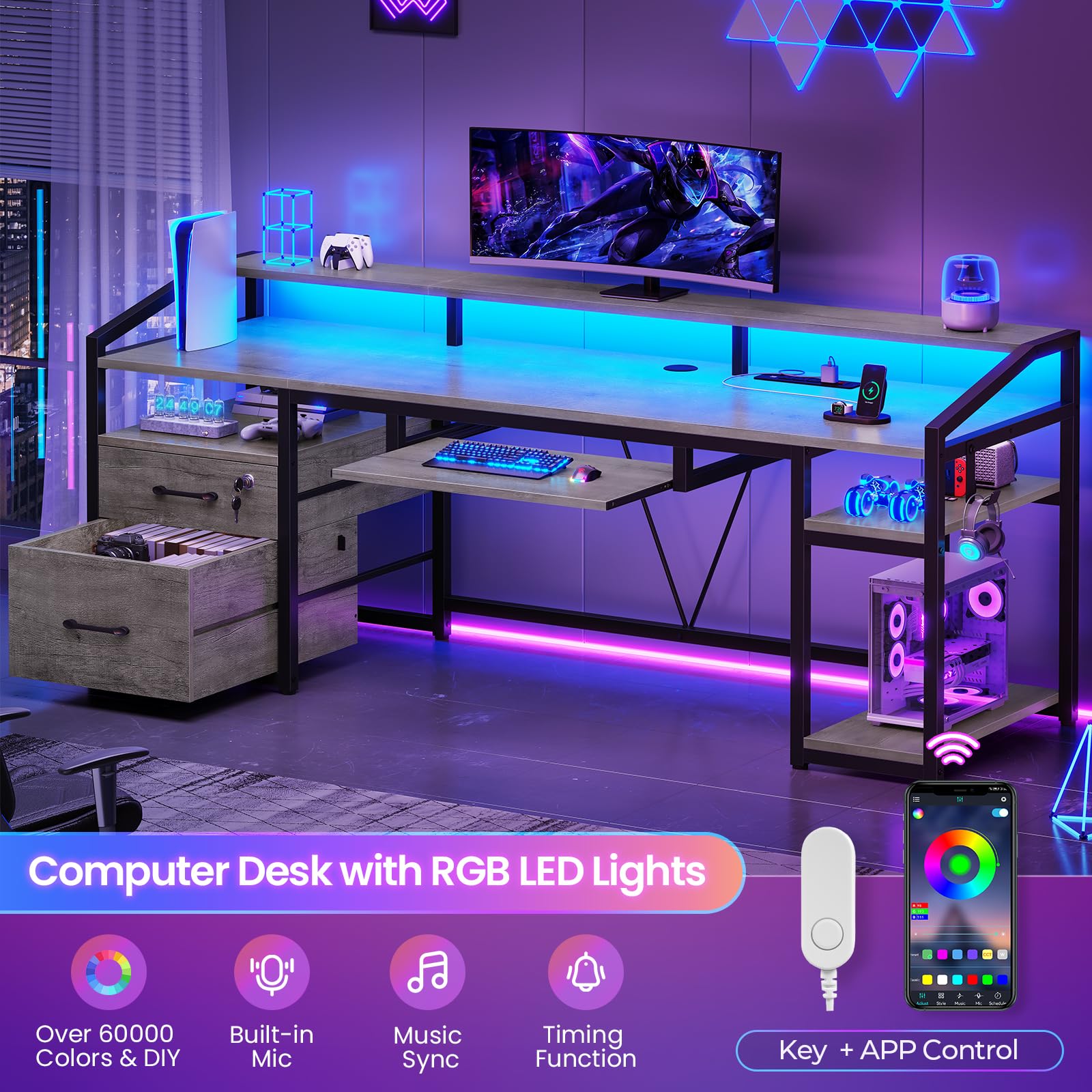 63" Computer Desk with Lockable Drawers, LED Lights & Power Outlet - Black - Task & Tether