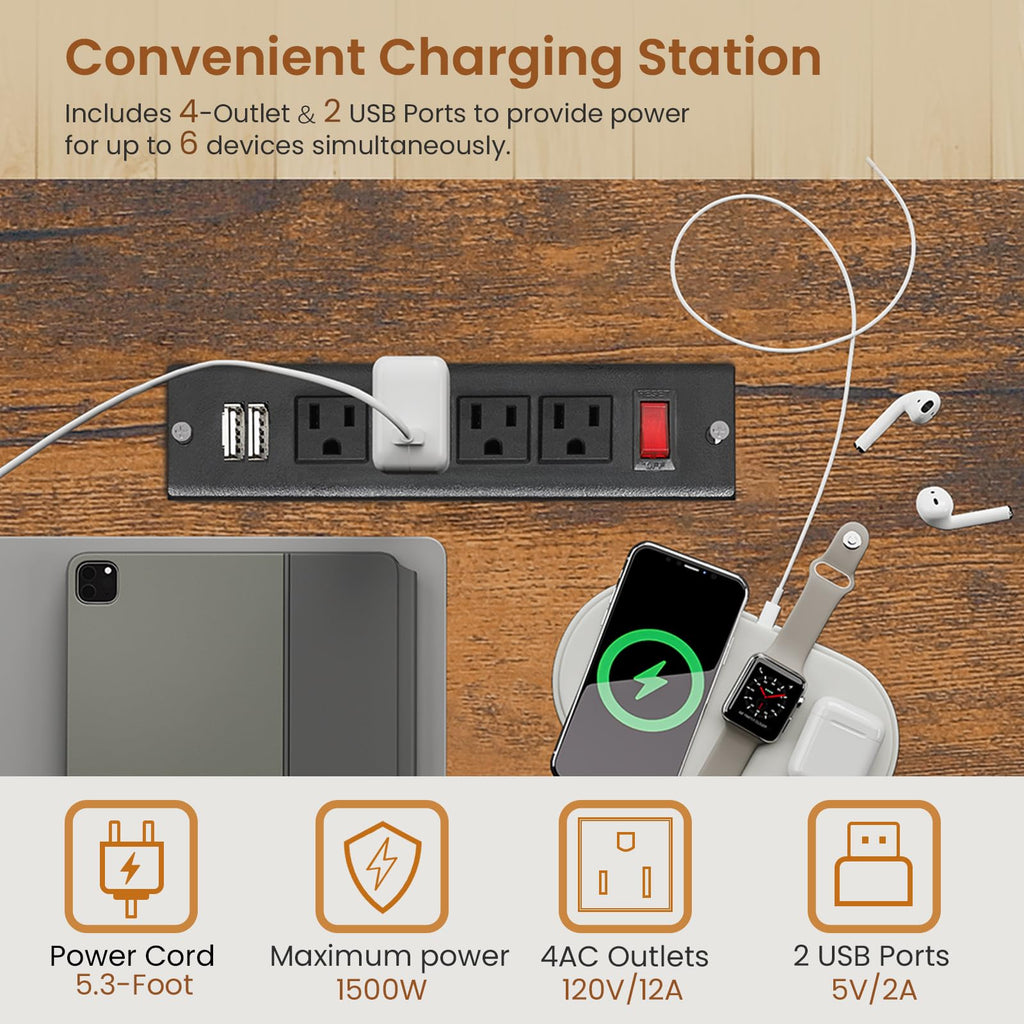 63" Computer Desk with Lockable Drawers, LED Lights & Power Outlet - Black - Task & Tether