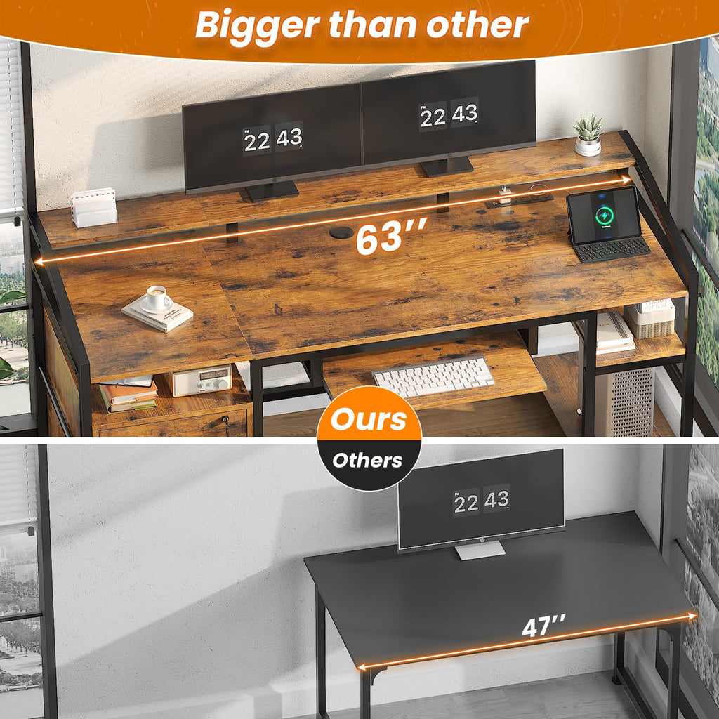 63" Computer Desk with Lockable Drawers, LED Lights & Power Outlet - Black - Task & Tether