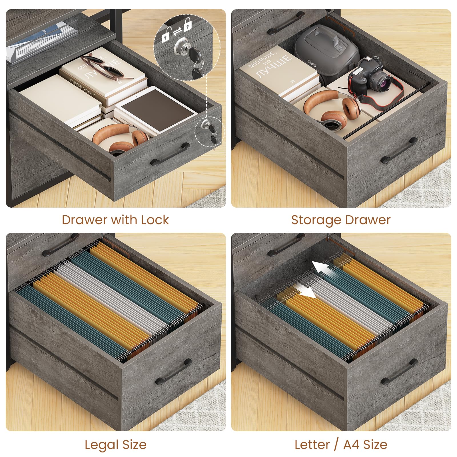 63" Computer Desk with Lockable Drawers, LED Lights & Power Outlet - Black - Task & Tether