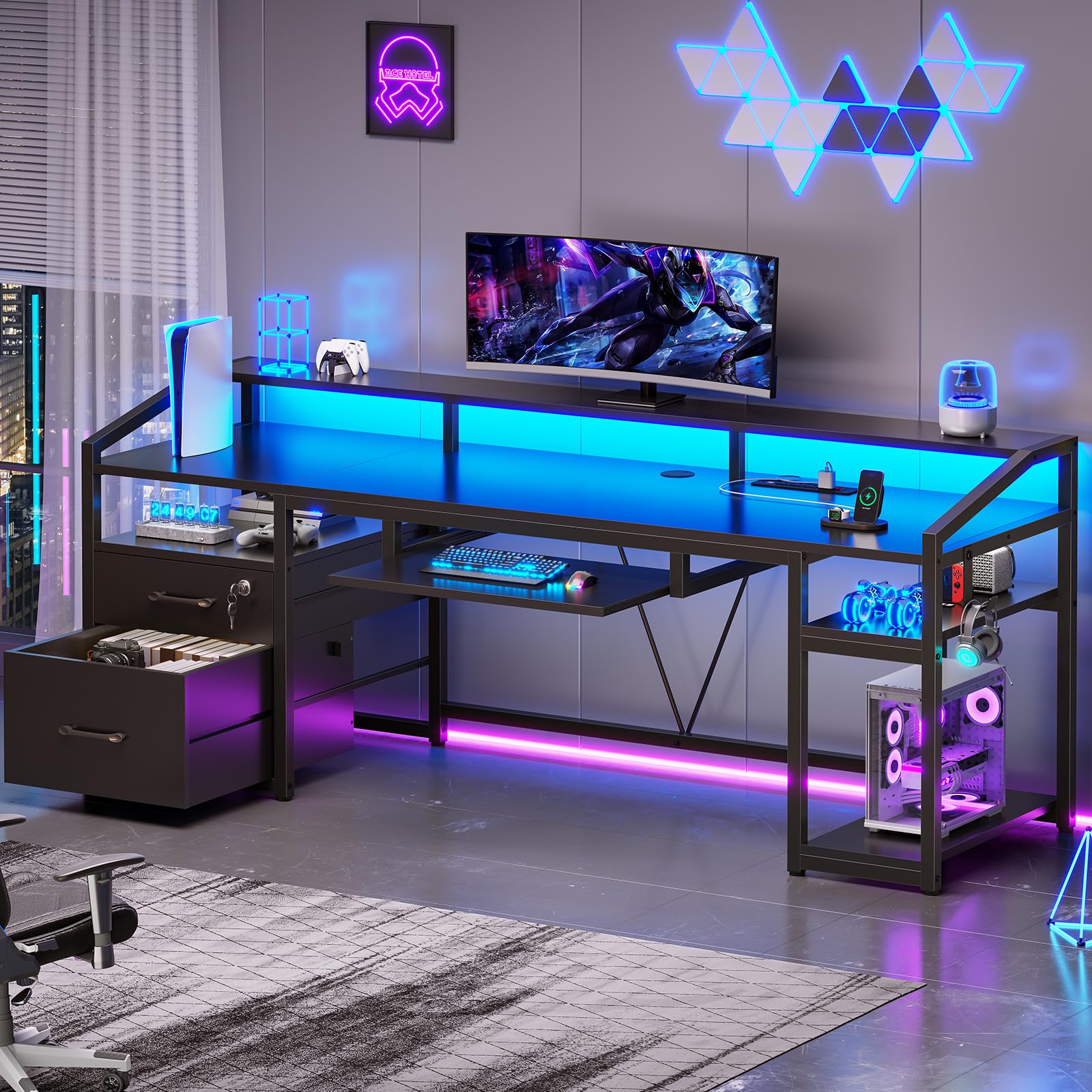 63" Computer Desk with Lockable Drawers, LED Lights & Power Outlet - Black - Task & Tether