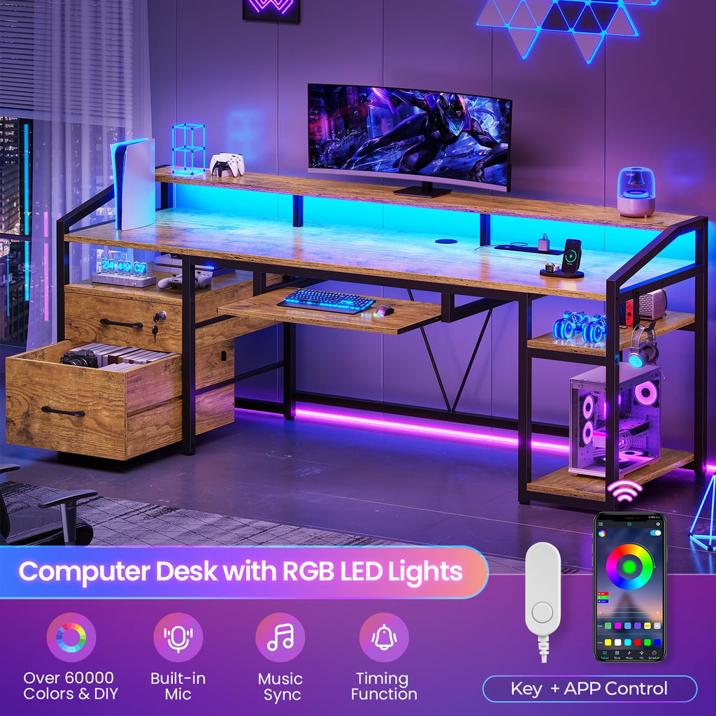 63" Computer Desk with Lockable Drawers, LED Lights & Power Outlet - Black - Task & Tether