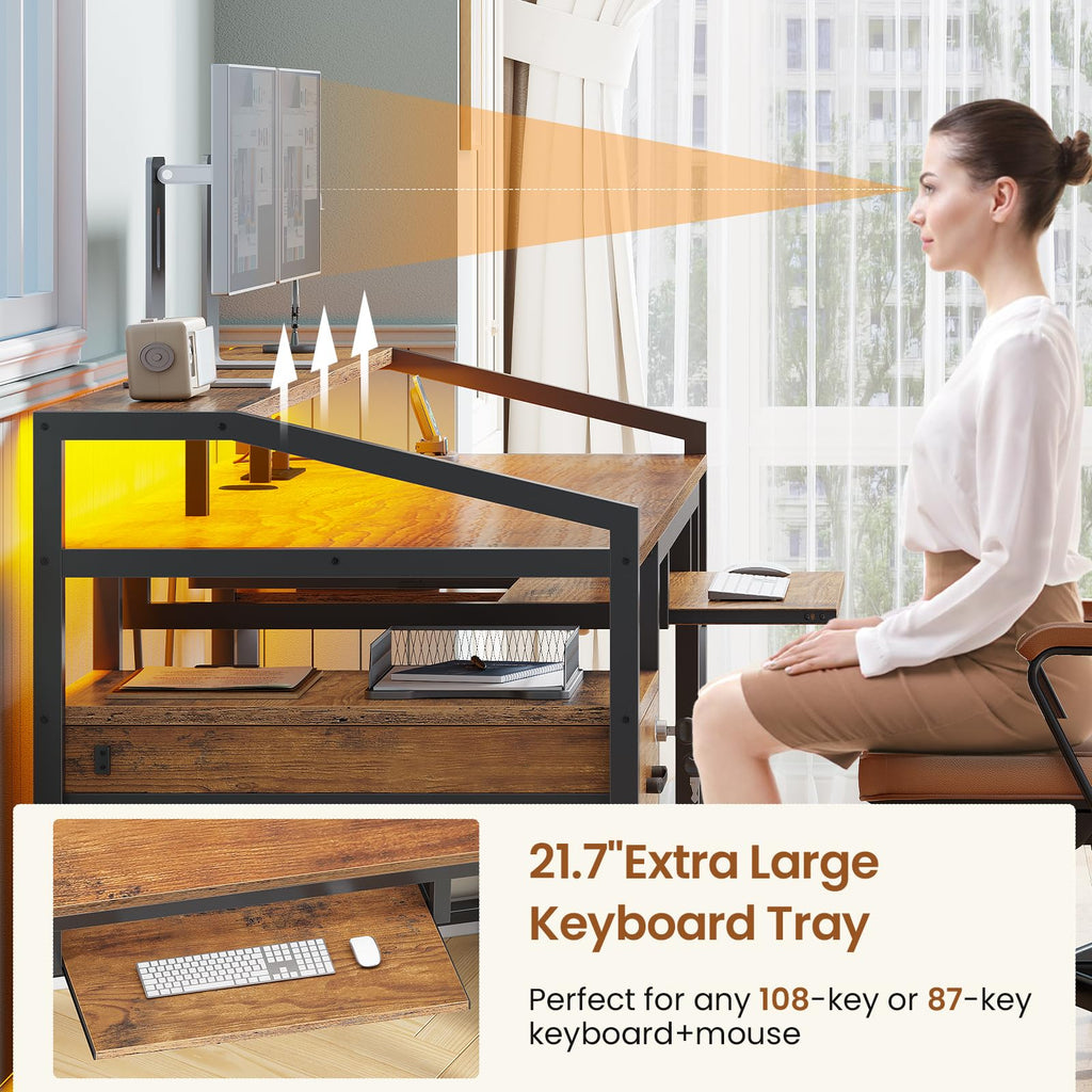 63" Computer Desk with Lockable Drawers, LED Lights & Power Outlet - Black - Task & Tether