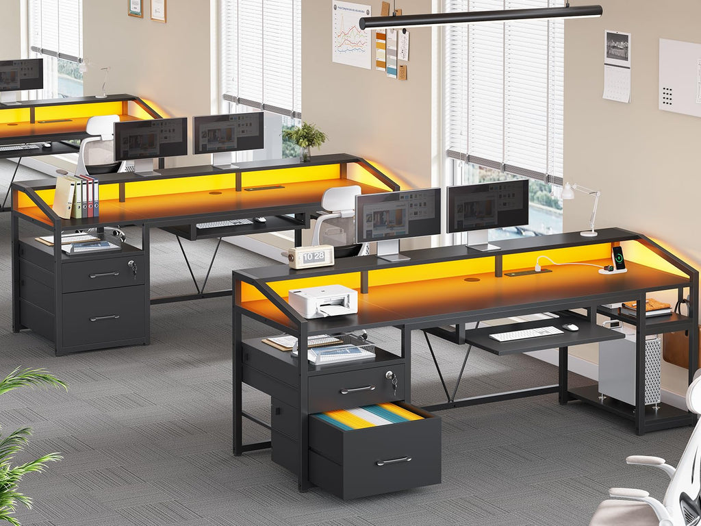 63" Computer Desk with Lockable Drawers, LED Lights & Power Outlet - Black - Task & Tether