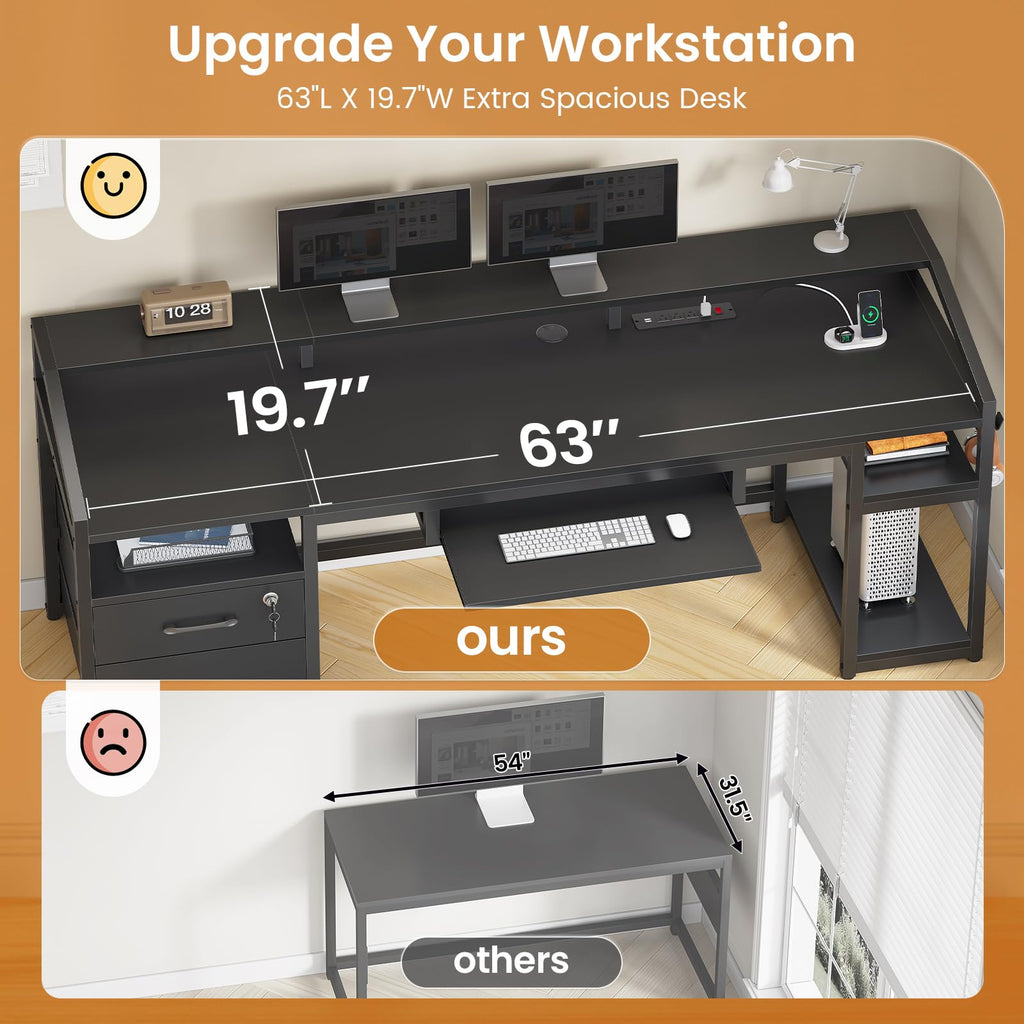 63" Computer Desk with Lockable Drawers, LED Lights & Power Outlet - Black - Task & Tether