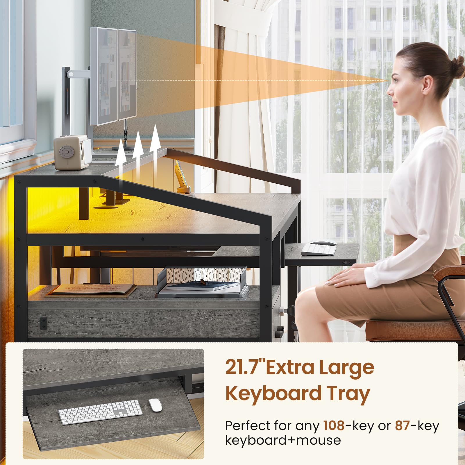 63" Computer Desk with Lockable Drawers, LED Lights & Power Outlet - Black - Task & Tether