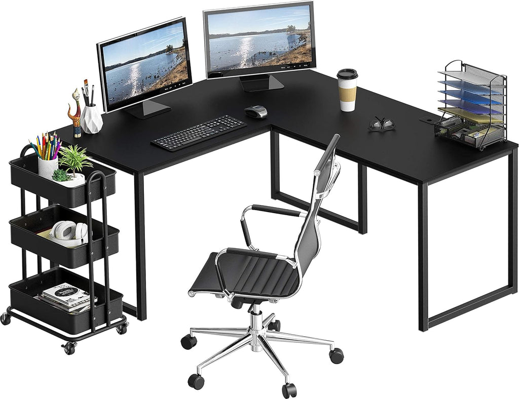 SHW 55 x 60 Inches Commercial - Grade L - Shape Corner Office Computer Desk, Black - Task & Tether