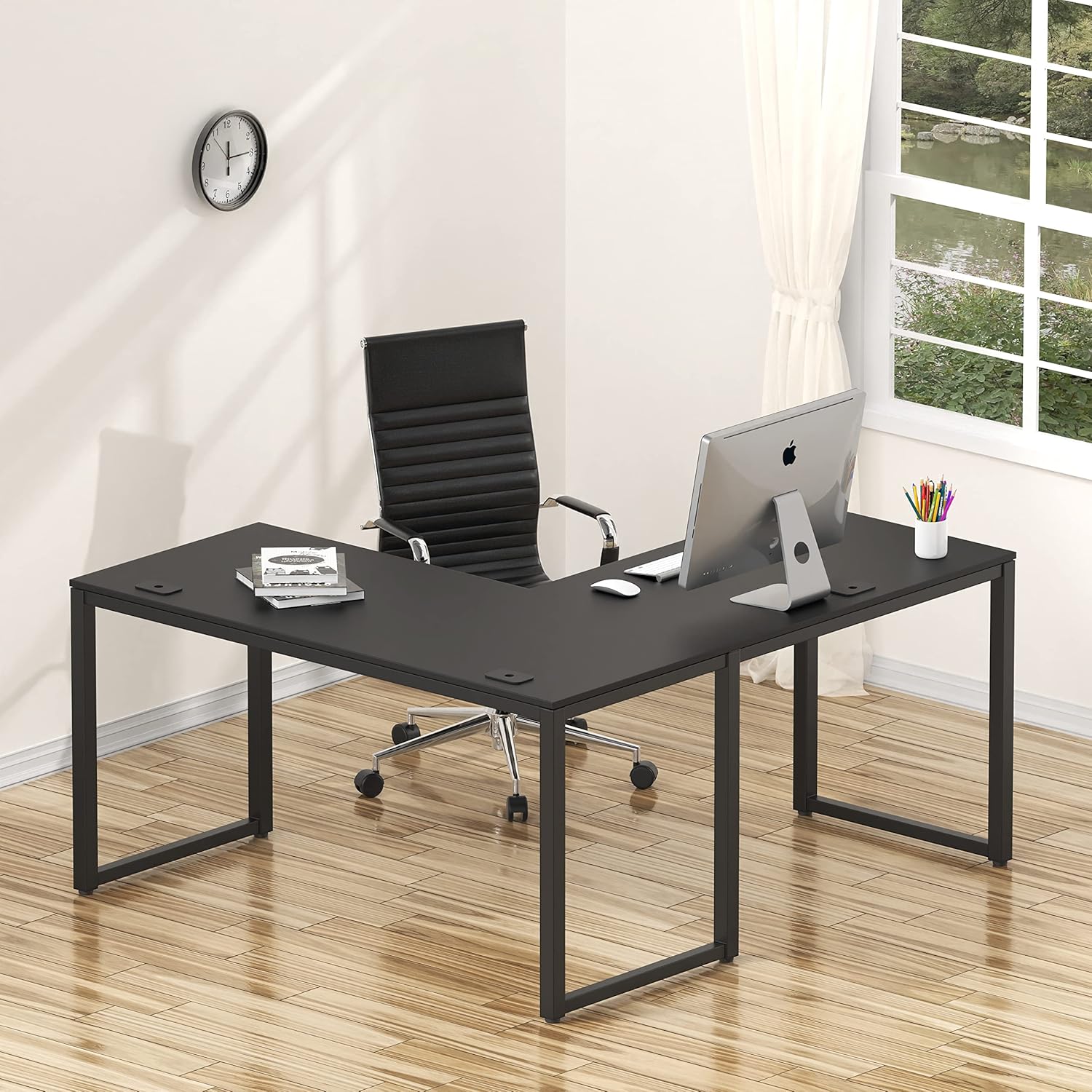 SHW 55 x 60 Inches Commercial - Grade L - Shape Corner Office Computer Desk, Black - Task & Tether