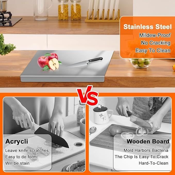 Stainless Steel Cutting Board for Kitchen - Large 304 Chopping Boards with Lid and Non - Slip Pad for Countertop, Suitable for Meat Vegetables Bread and Baking,Kitchen Accessories, - Task & Tether
