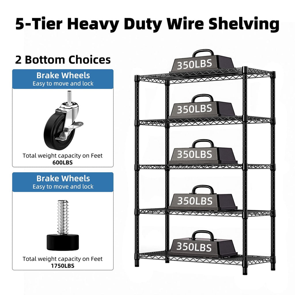 5-Tier Steel Utility Shelving with Wheels for Home & Office, 1750 LBS Capacity - Task & Tether