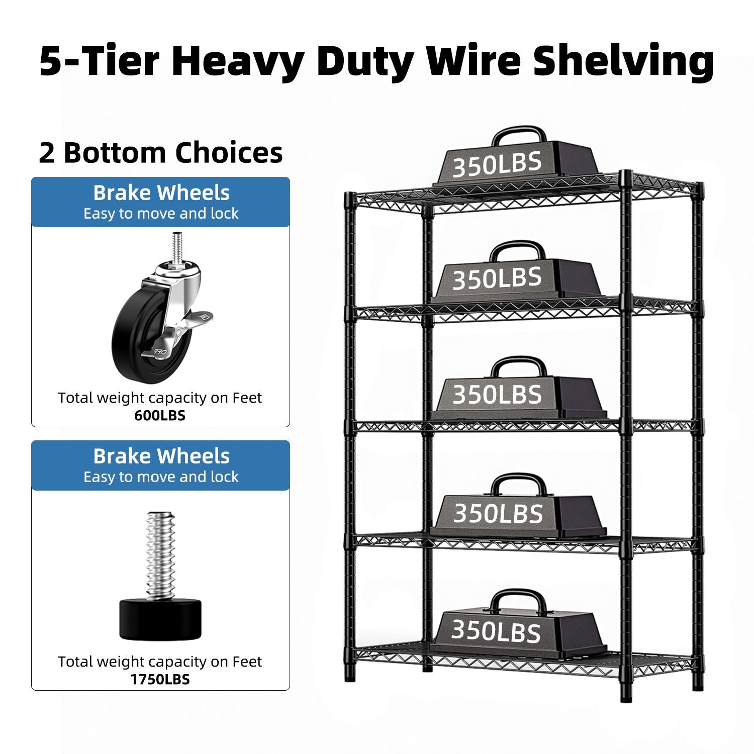 5-Tier Steel Utility Shelving with Wheels for Home & Office, 1750 LBS Capacity - Task & Tether