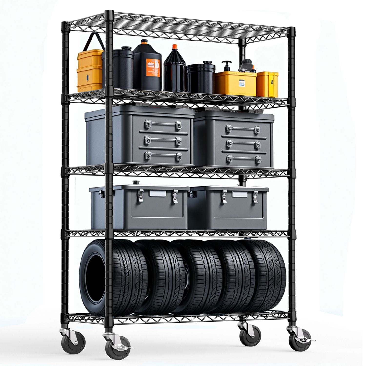 5-Tier Steel Utility Shelving with Wheels for Home & Office, 1750 LBS Capacity - Task & Tether