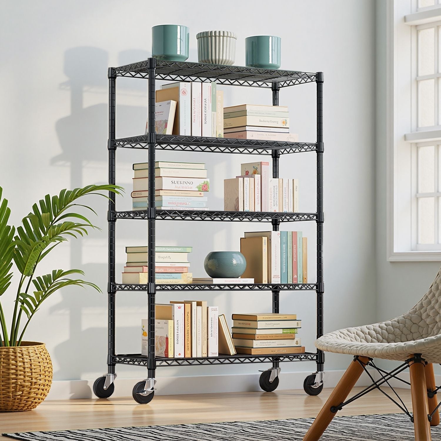 5-Tier Steel Utility Shelving with Wheels for Home & Office, 1750 LBS Capacity - Task & Tether