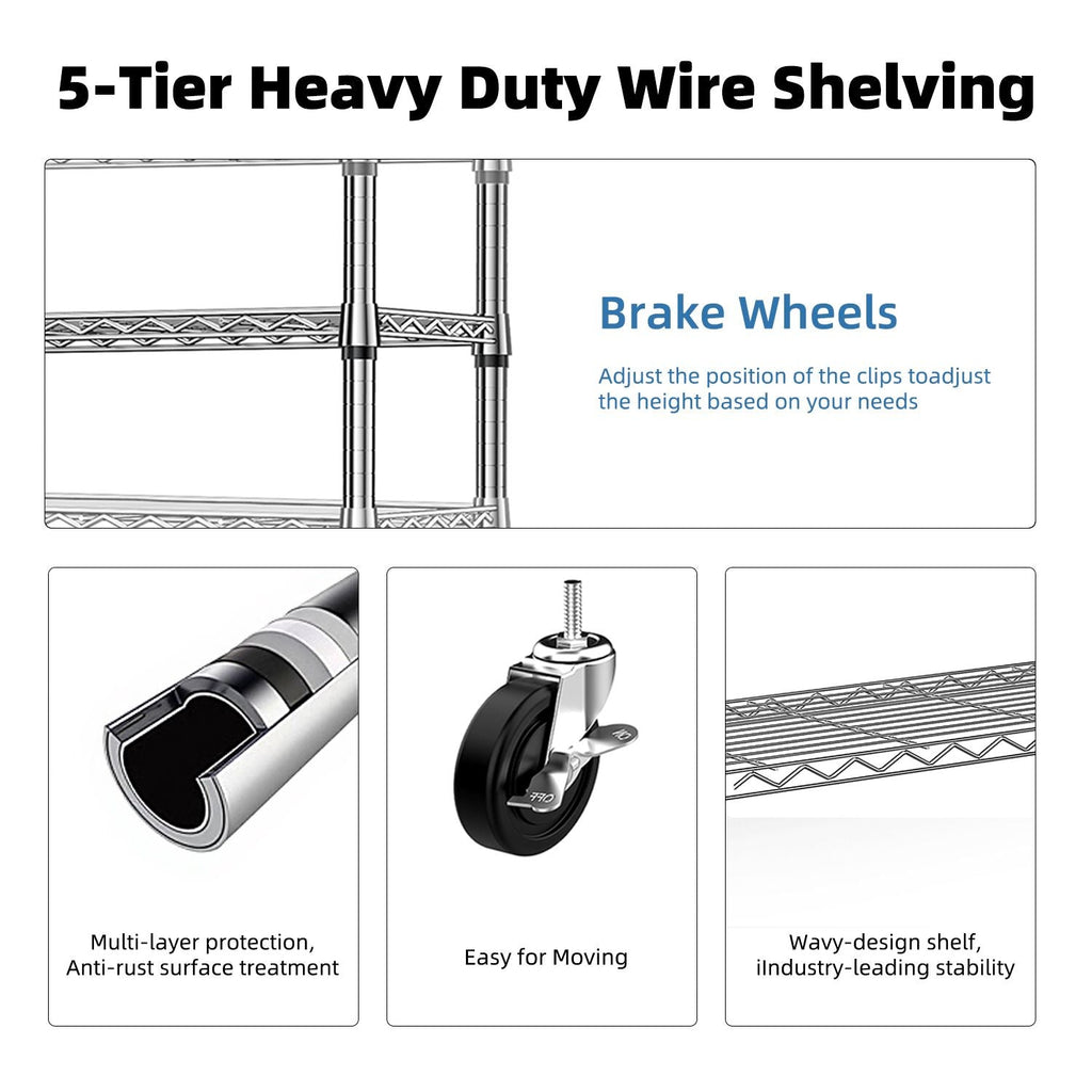 5-Tier Steel Utility Shelving with Wheels for Home & Office, 1750 LBS Capacity - Task & Tether