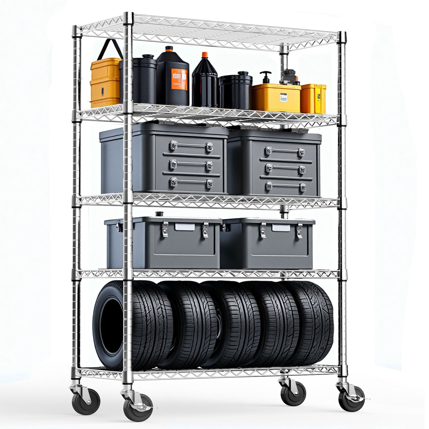 5-Tier Steel Utility Shelving with Wheels for Home & Office, 1750 LBS Capacity - Task & Tether