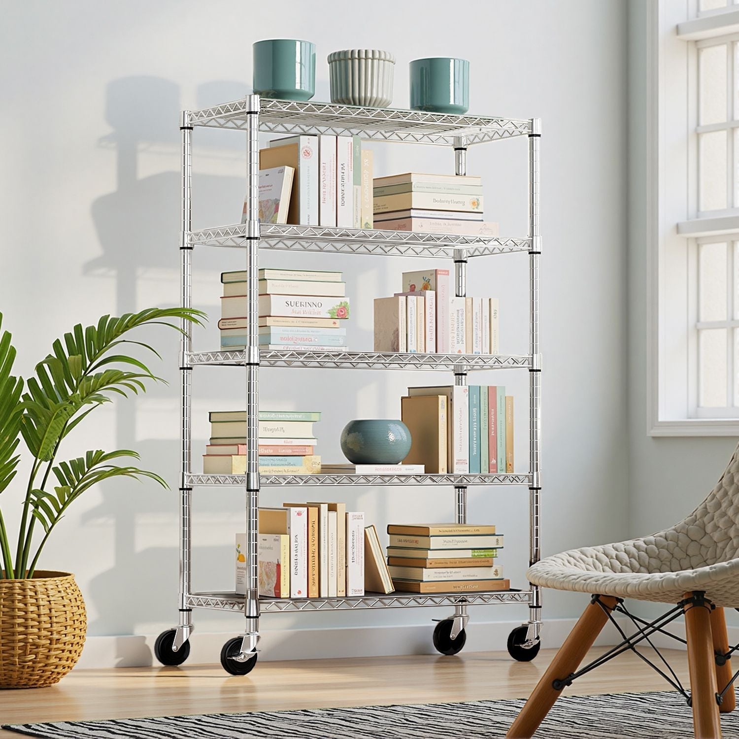 5-Tier Steel Utility Shelving with Wheels for Home & Office, 1750 LBS Capacity - Task & Tether