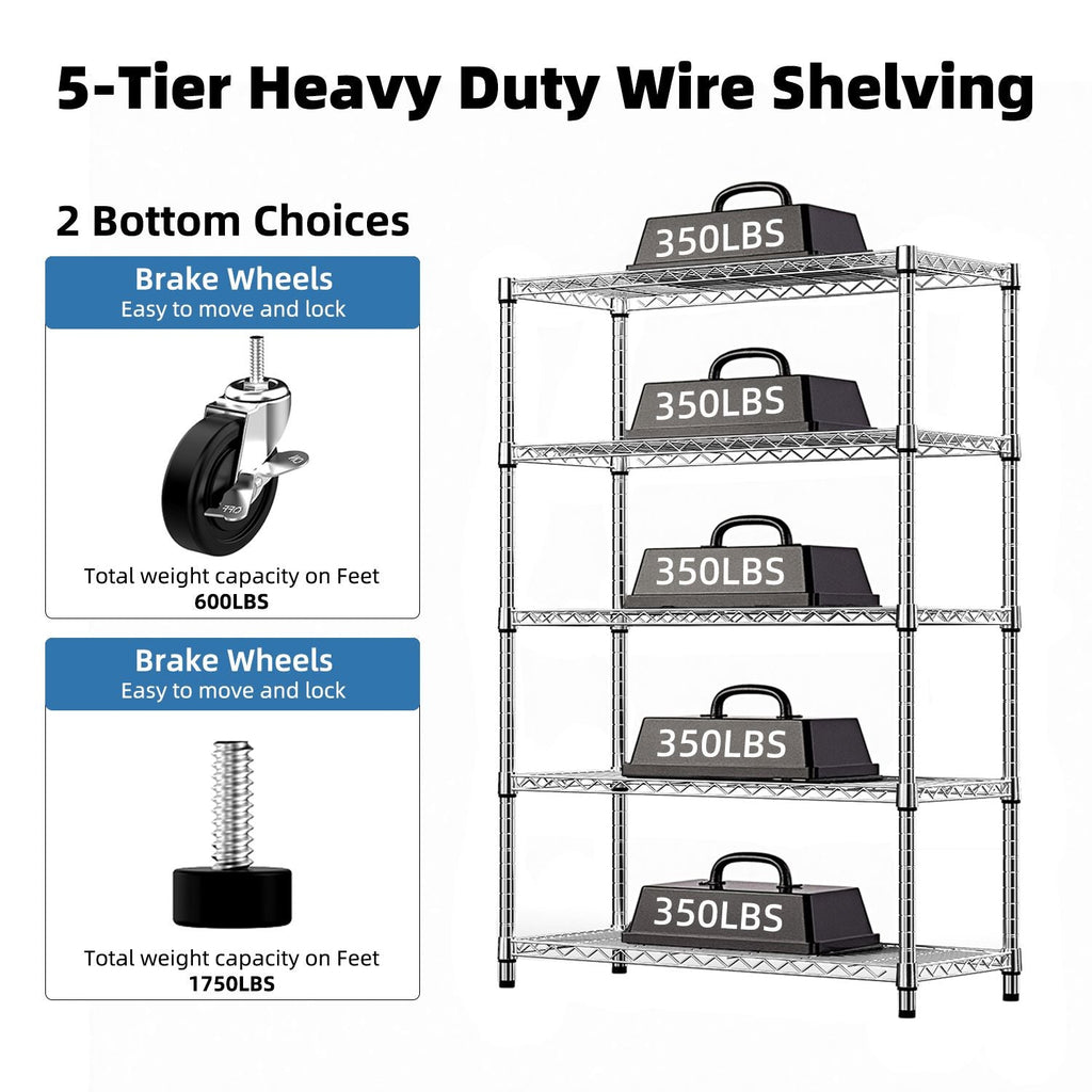 5-Tier Steel Utility Shelving with Wheels for Home & Office, 1750 LBS Capacity - Task & Tether