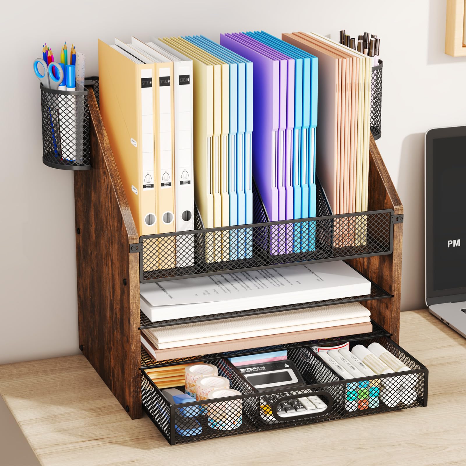4-Tier Mesh & Wood Desk Organizer - Office & File Organizer with Drawers, Pen Holders - Black - Task & Tether