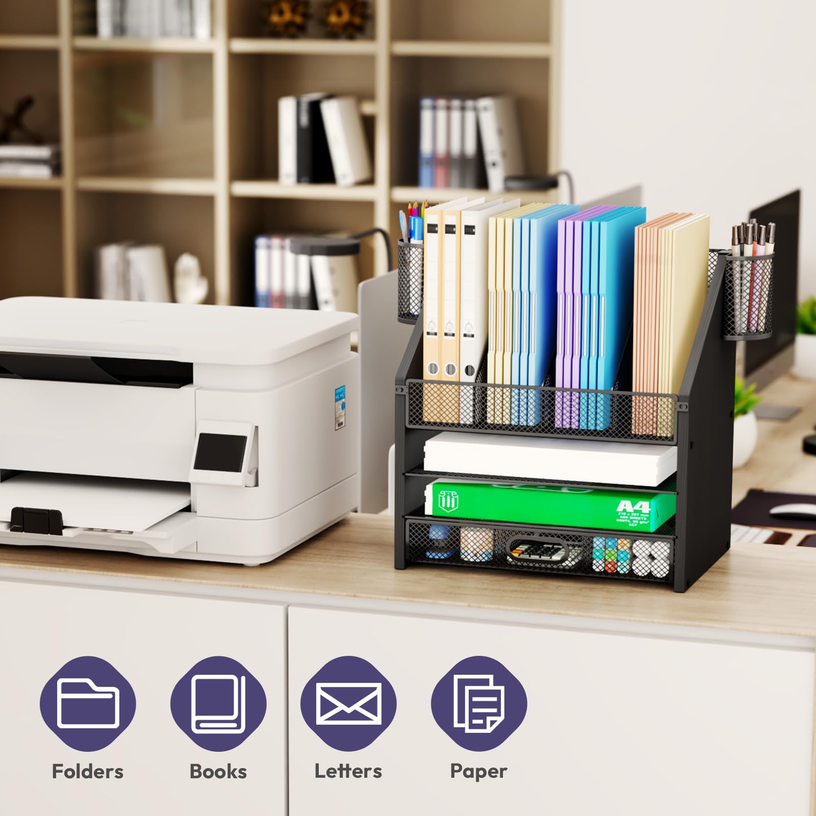 4-Tier Mesh & Wood Desk Organizer - Office & File Organizer with Drawers, Pen Holders - Black - Task & Tether