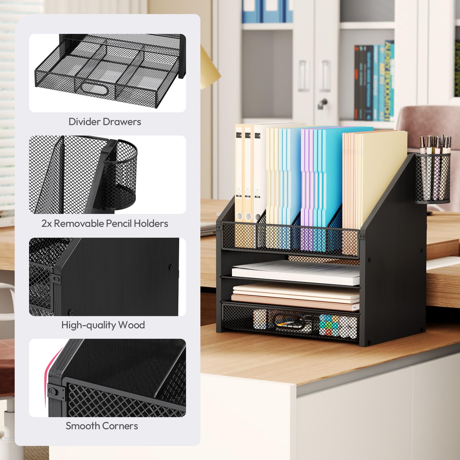 4-Tier Mesh & Wood Desk Organizer - Office & File Organizer with Drawers, Pen Holders - Black - Task & Tether