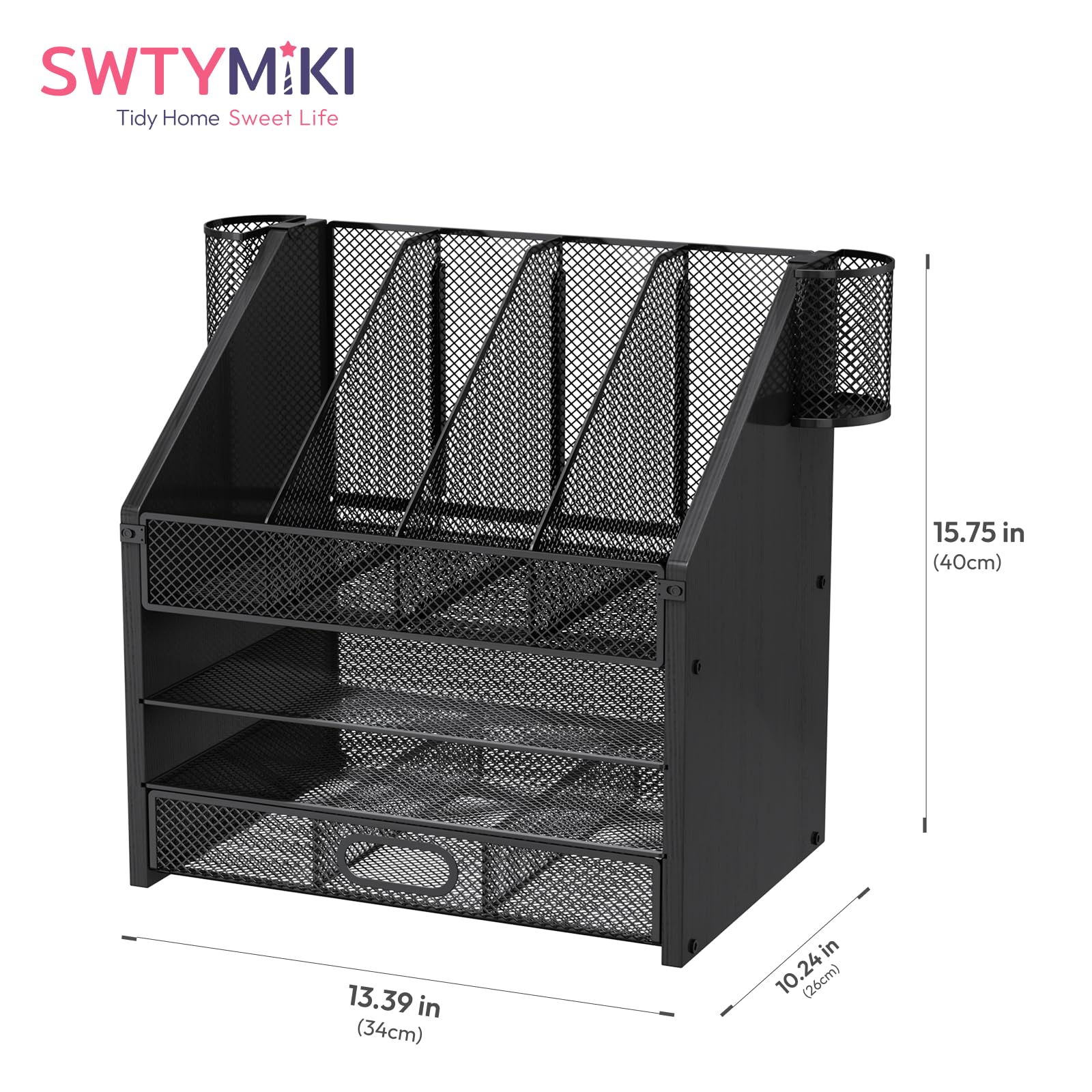 4-Tier Mesh & Wood Desk Organizer - Office & File Organizer with Drawers, Pen Holders - Black - Task & Tether