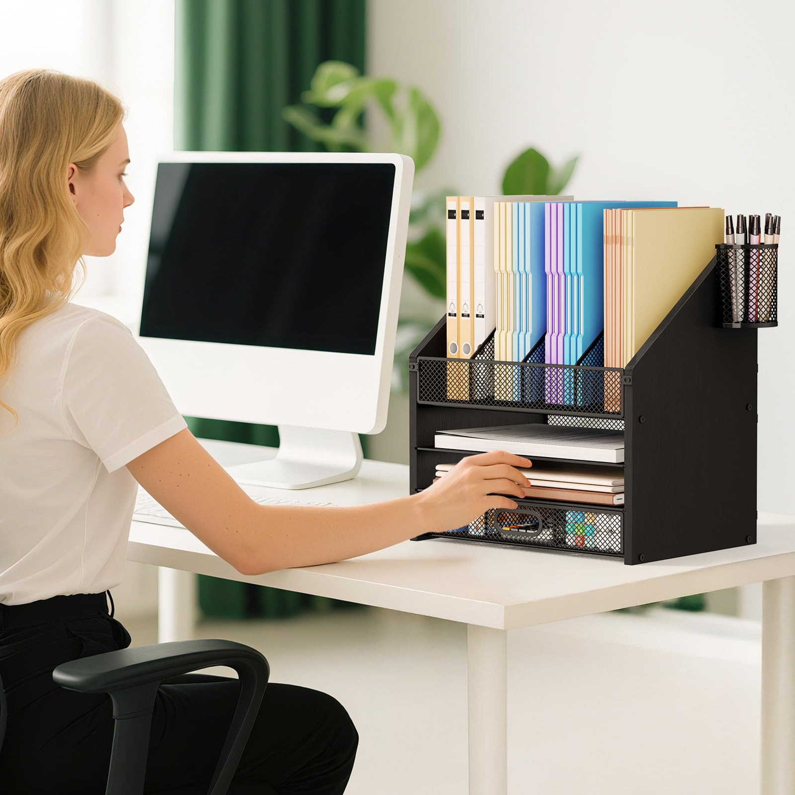 4-Tier Mesh & Wood Desk Organizer - Office & File Organizer with Drawers, Pen Holders - Black - Task & Tether