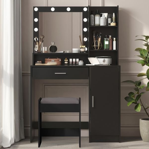 Black Bedroom Vanity Desk with Mirror & Light, Large Drawer, 3 Lighting Modes - Task & Tether