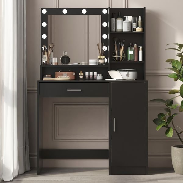 Black Bedroom Vanity Desk with Mirror & Light, Large Drawer, 3 Lighting Modes - Task & Tether