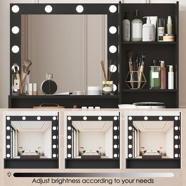 Black Bedroom Vanity Desk with Mirror & Light, Large Drawer, 3 Lighting Modes - Task & Tether
