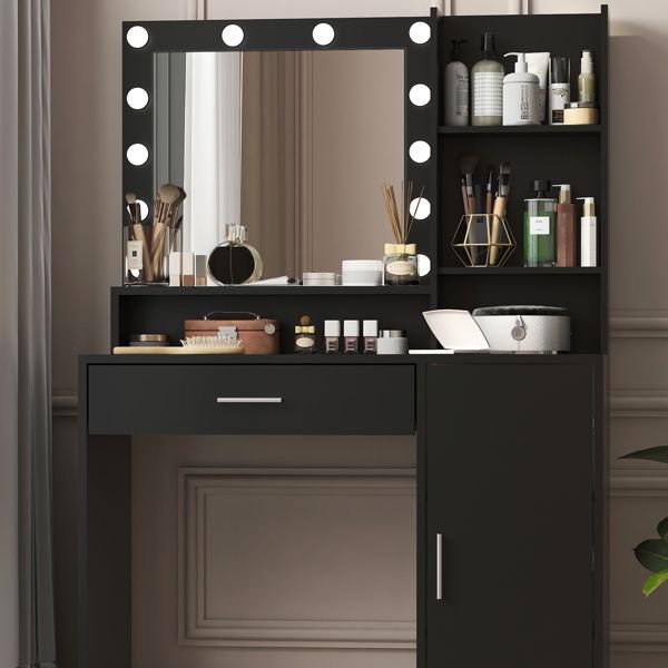 Black Bedroom Vanity Desk with Mirror & Light, Large Drawer, 3 Lighting Modes - Task & Tether