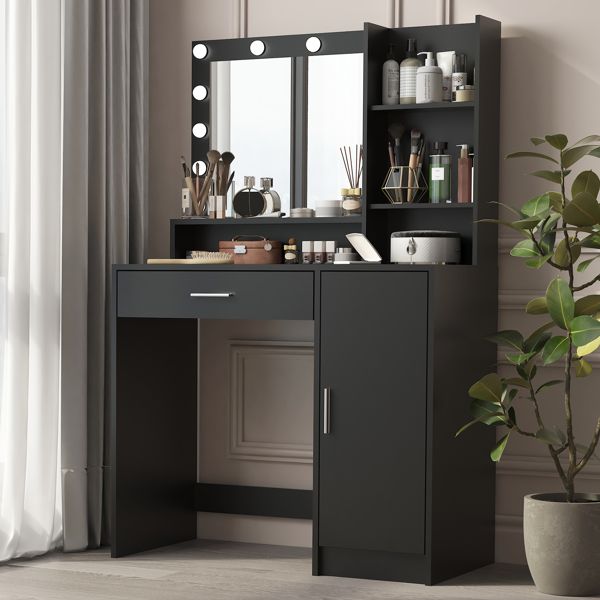 Black Bedroom Vanity Desk with Mirror & Light, Large Drawer, 3 Lighting Modes - Task & Tether