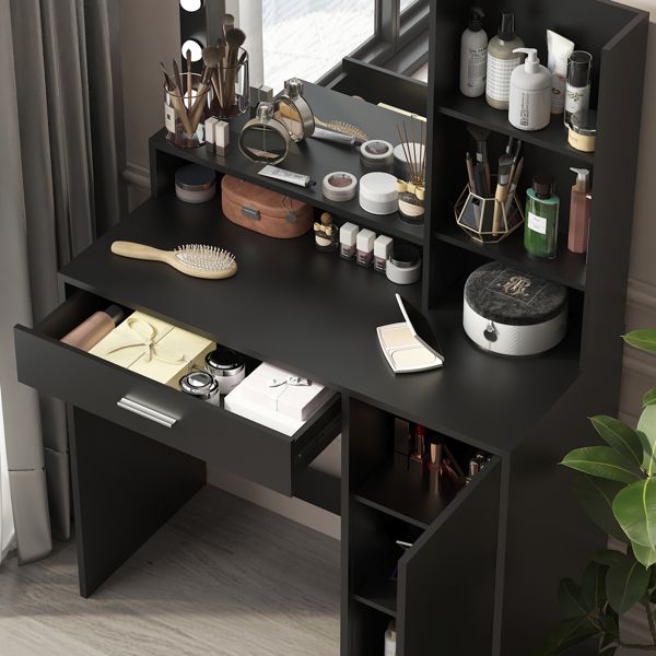Black Bedroom Vanity Desk with Mirror & Light, Large Drawer, 3 Lighting Modes - Task & Tether