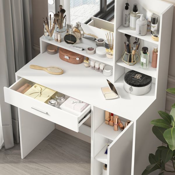 White Vanity Desk with Mirror Light, Adjustable Brightness, 3 Lighting Modes - Task & Tether