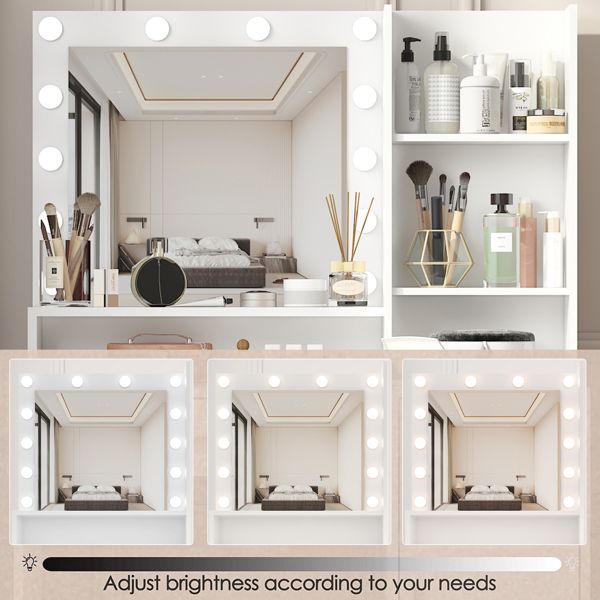 White Vanity Desk with Mirror Light, Adjustable Brightness, 3 Lighting Modes - Task & Tether