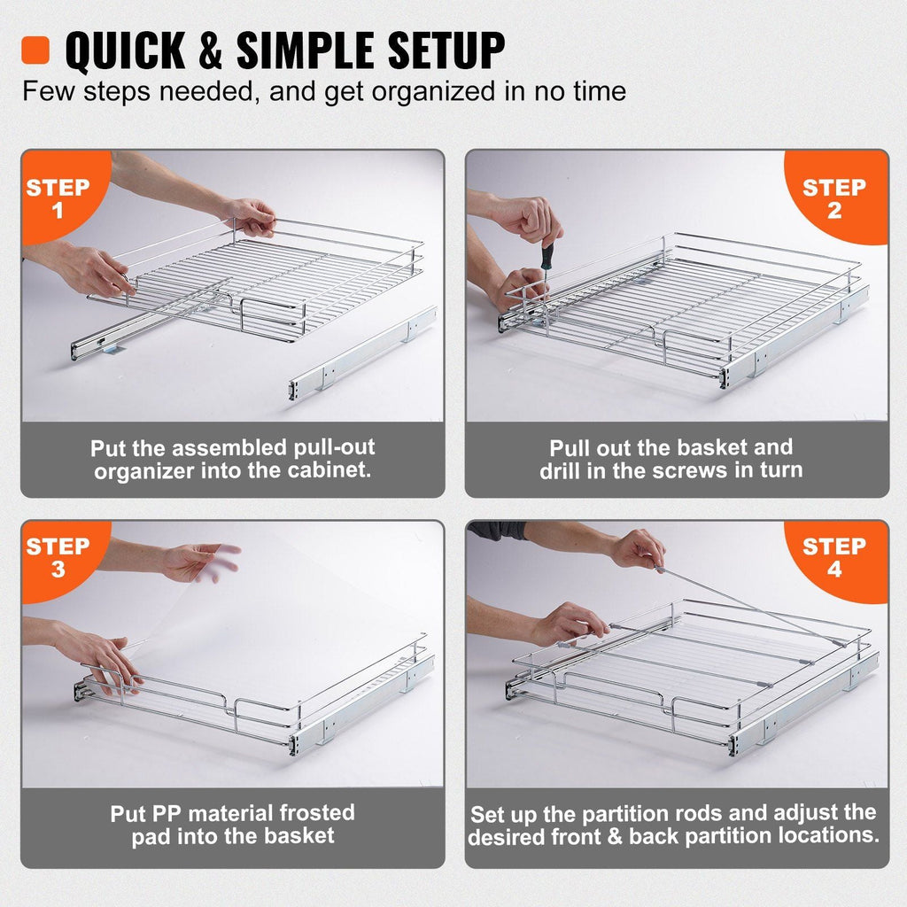 VEVOR 17"W x 21"D Pull Out Cabinet Organizer, Heavy Duty Slide Out Pantry Shelves, Chrome - Plated Steel Roll Out Drawers, Sliding Drawer Storage for Home, Inside Kitchen Cabinet, Bathroom, Under Sink - Task & Tether