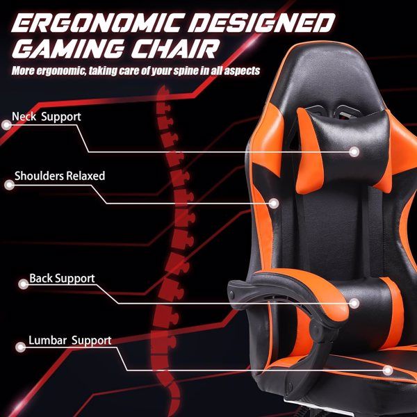 Orange PU Leather Gaming Chair with Footrest - Comfortable 360° Swivel Gamer Chair for Heavy Adults - Task & Tether