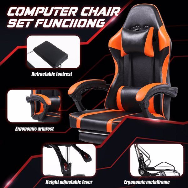 Orange PU Leather Gaming Chair with Footrest - Comfortable 360° Swivel Gamer Chair for Heavy Adults - Task & Tether