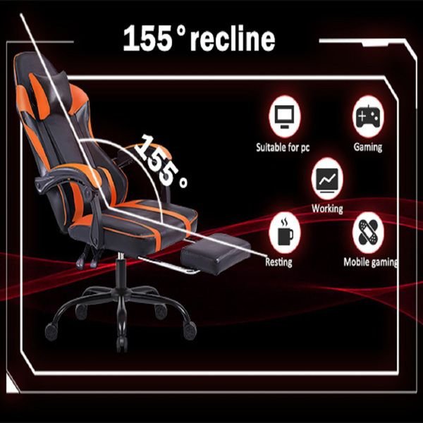 Orange PU Leather Gaming Chair with Footrest - Comfortable 360° Swivel Gamer Chair for Heavy Adults - Task & Tether