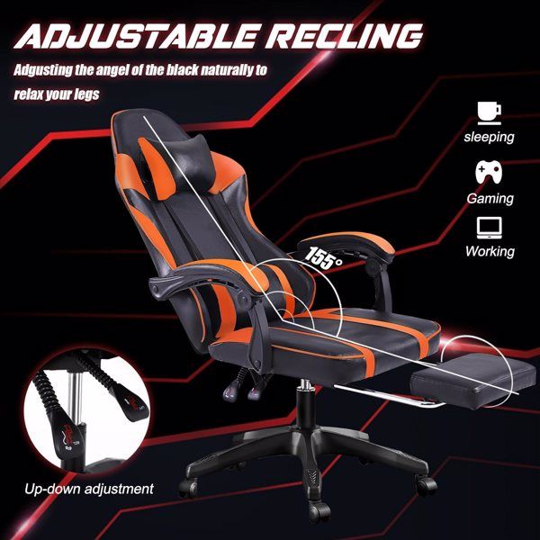 Orange PU Leather Gaming Chair with Footrest - Comfortable 360° Swivel Gamer Chair for Heavy Adults - Task & Tether