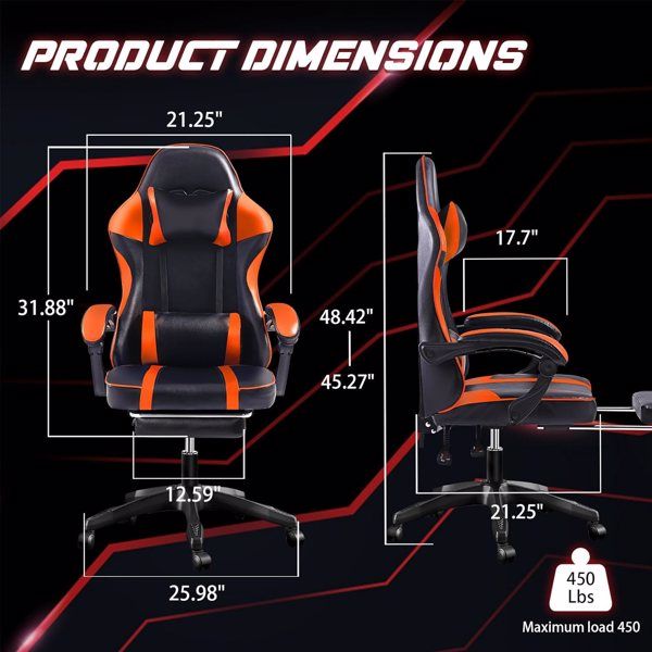 Orange PU Leather Gaming Chair with Footrest - Comfortable 360° Swivel Gamer Chair for Heavy Adults - Task & Tether